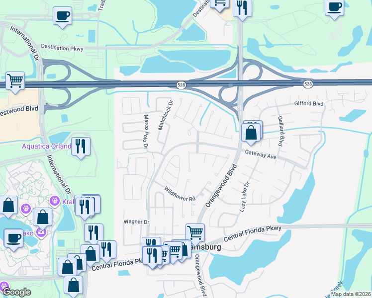 map of restaurants, bars, coffee shops, grocery stores, and more near 10319 Hidden Lane in Orlando