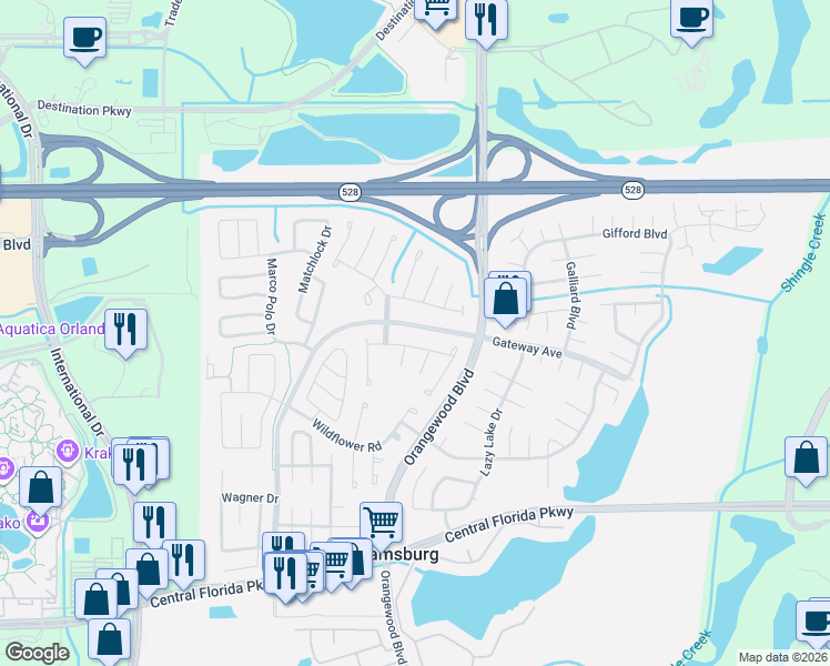 map of restaurants, bars, coffee shops, grocery stores, and more near 5219 Tavel Street in Orlando