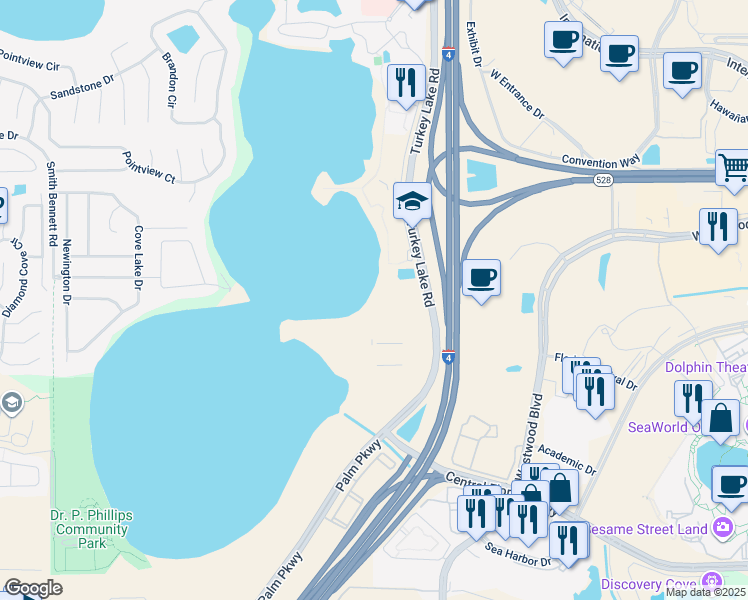 map of restaurants, bars, coffee shops, grocery stores, and more near 7119 Sand Lake Reserve Drive in Orlando