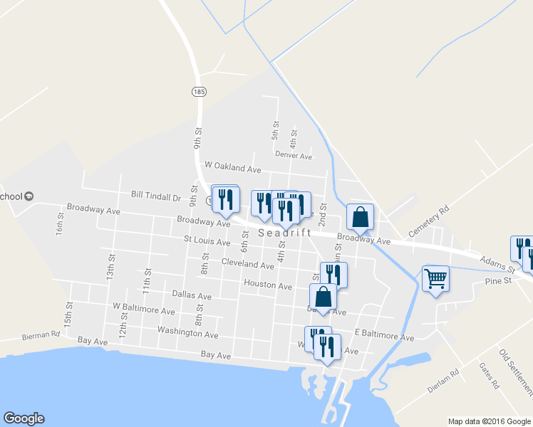 map of restaurants, bars, coffee shops, grocery stores, and more near 103 5th Street in Seadrift
