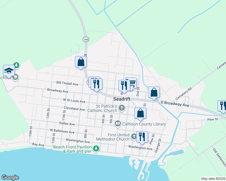 map of restaurants, bars, coffee shops, grocery stores, and more near 520 Broadway Ave in Seadrift