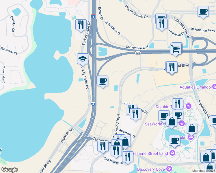 map of restaurants, bars, coffee shops, grocery stores, and more near 6649 Westwood Boulevard in Orlando