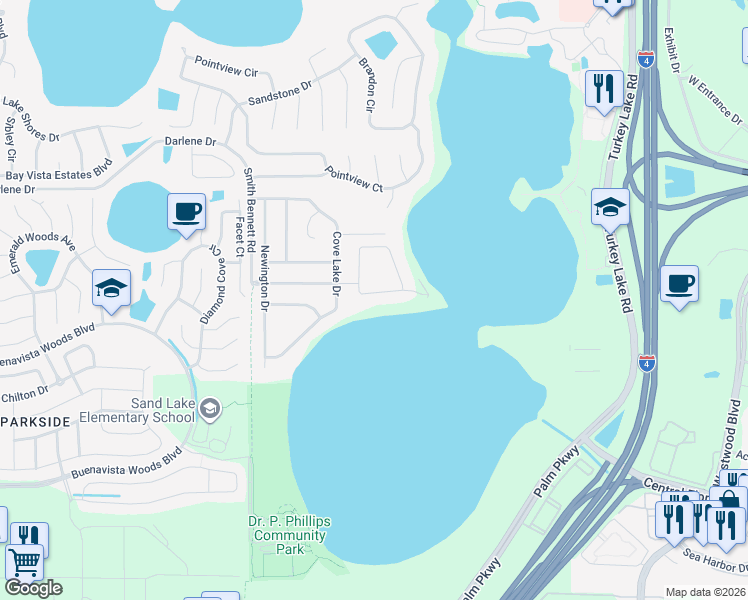 map of restaurants, bars, coffee shops, grocery stores, and more near 7648 Pointe Venezia Drive in Orlando