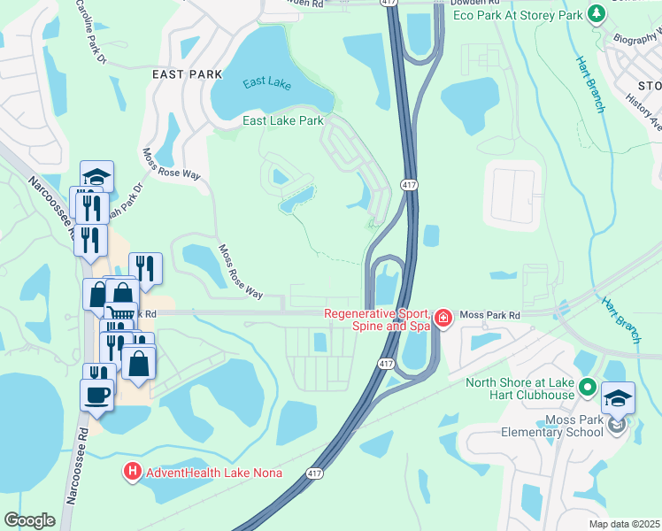 map of restaurants, bars, coffee shops, grocery stores, and more near 10403 Via Parco Orienta in Orlando