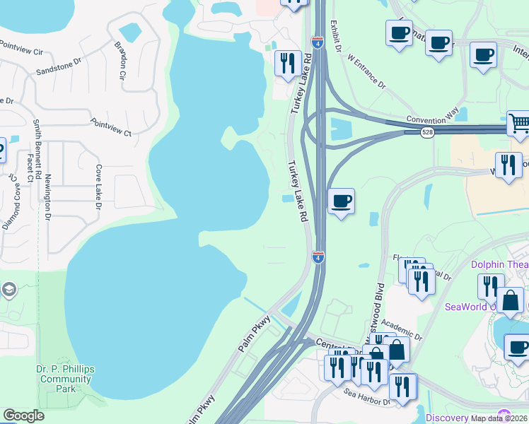 map of restaurants, bars, coffee shops, grocery stores, and more near 7113 Sand Lake Reserve Drive in Orlando