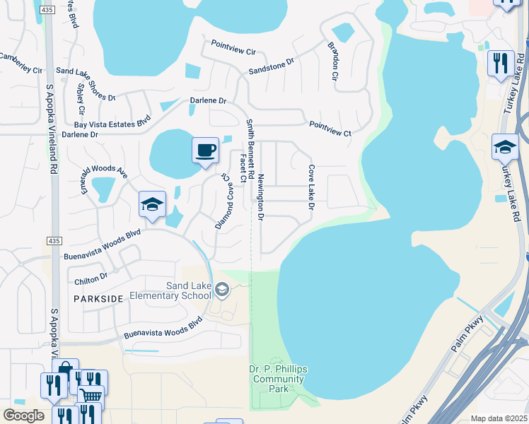 map of restaurants, bars, coffee shops, grocery stores, and more near 7931 Bayflower Way in Orlando