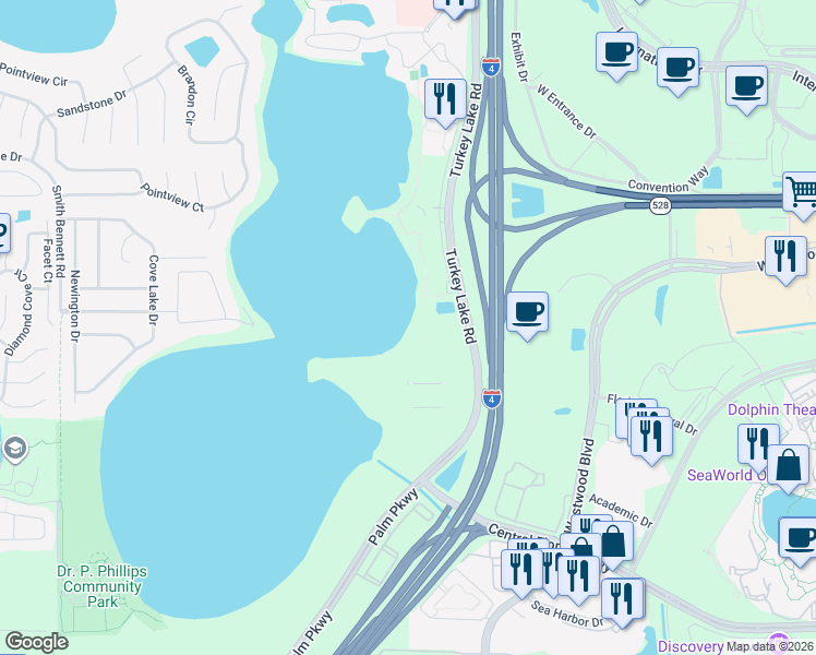 map of restaurants, bars, coffee shops, grocery stores, and more near 7113 Sand Lake Reserve Drive in Orlando