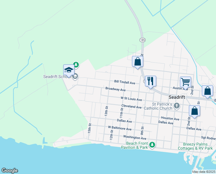 map of restaurants, bars, coffee shops, grocery stores, and more near 1309 Broadway Avenue in Seadrift