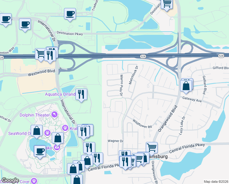 map of restaurants, bars, coffee shops, grocery stores, and more near 5520 Minaret Court in Orlando