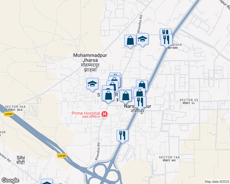 map of restaurants, bars, coffee shops, grocery stores, and more near Khandsa Road in Gurugram