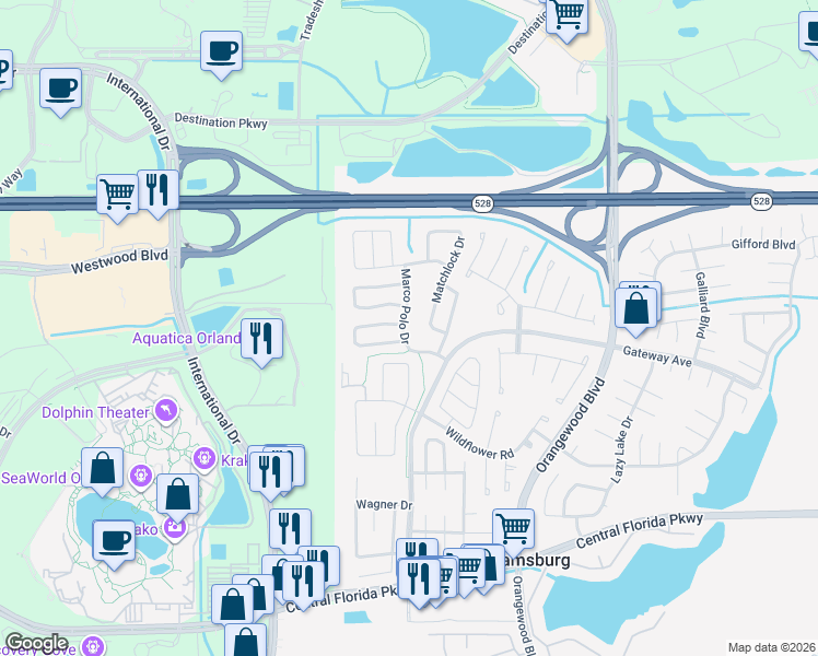 map of restaurants, bars, coffee shops, grocery stores, and more near 10361 Marco Polo Drive in Orlando
