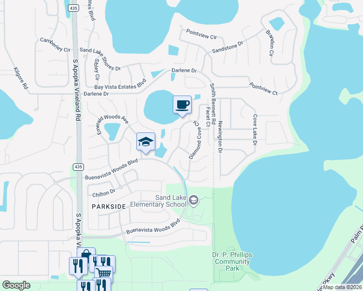 map of restaurants, bars, coffee shops, grocery stores, and more near 8372 Diamond Cove Circle in Orlando