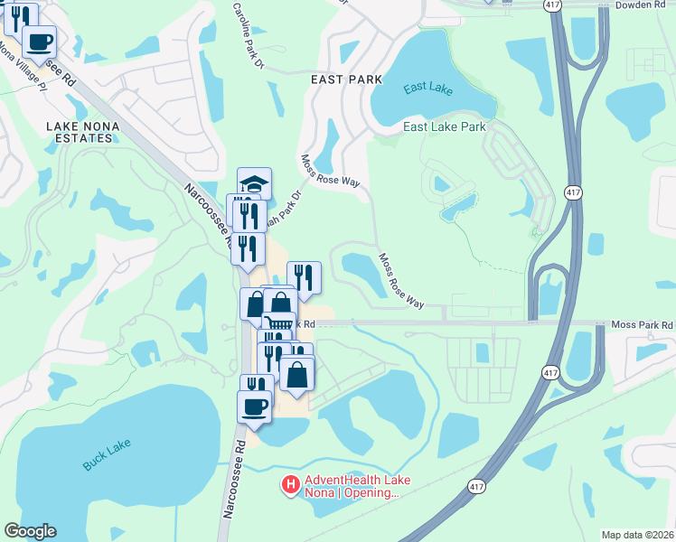 map of restaurants, bars, coffee shops, grocery stores, and more near 10400 Eastpark Woods Drive in Orlando