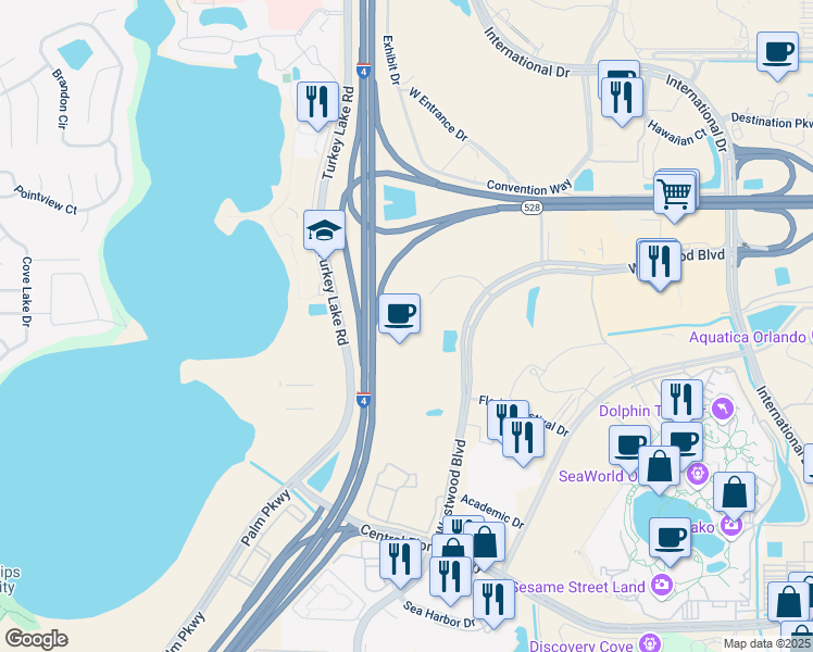 map of restaurants, bars, coffee shops, grocery stores, and more near 6649 Westwood Boulevard in Orlando