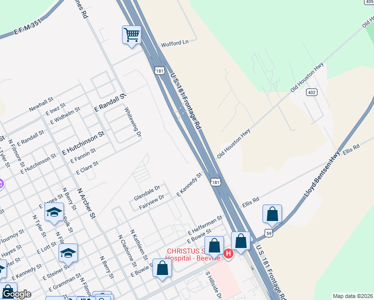 map of restaurants, bars, coffee shops, grocery stores, and more near 801 Northeast Frontage Road in Beeville
