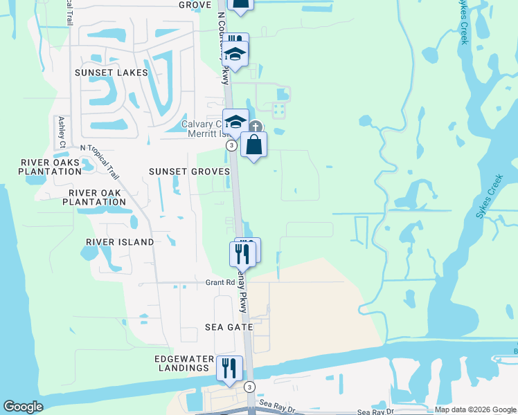 map of restaurants, bars, coffee shops, grocery stores, and more near 3310 North Courtenay Parkway in Merritt Island