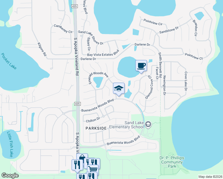 map of restaurants, bars, coffee shops, grocery stores, and more near 10238 Emerald Woods Avenue in Orlando
