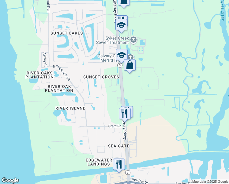 map of restaurants, bars, coffee shops, grocery stores, and more near 3335 North Courtenay Parkway in Merritt Island