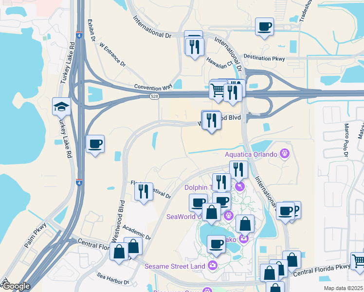 map of restaurants, bars, coffee shops, grocery stores, and more near 6277 Sea Harbor Drive in Orlando