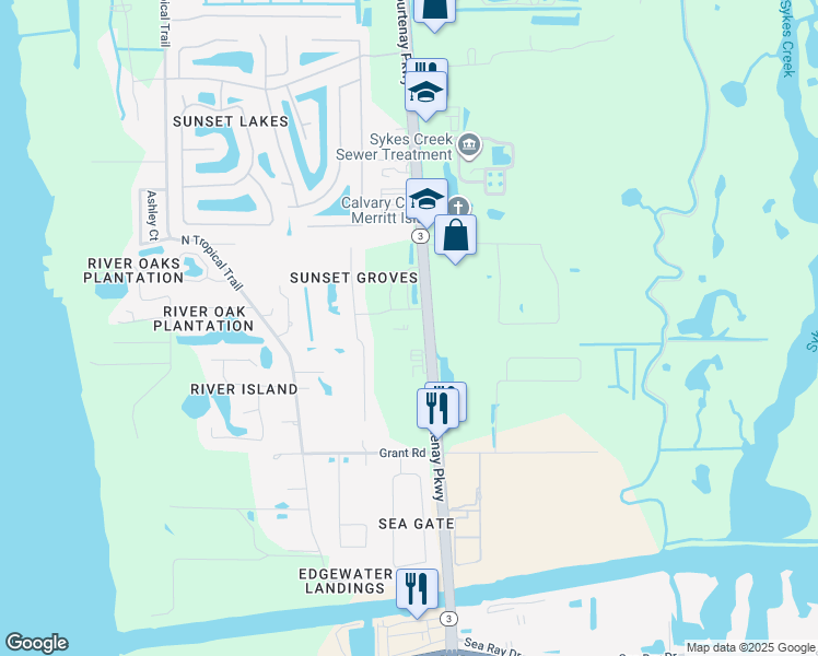map of restaurants, bars, coffee shops, grocery stores, and more near 3335 North Courtenay Parkway in Merritt Island