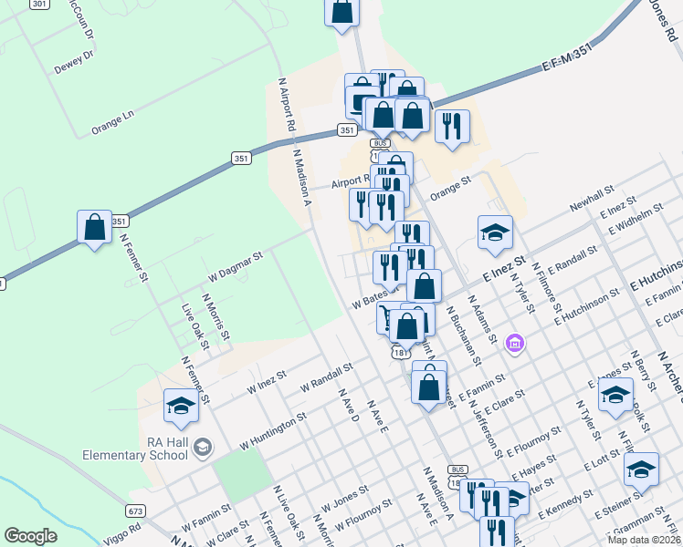 map of restaurants, bars, coffee shops, grocery stores, and more near 1806 North Washington Street in Beeville