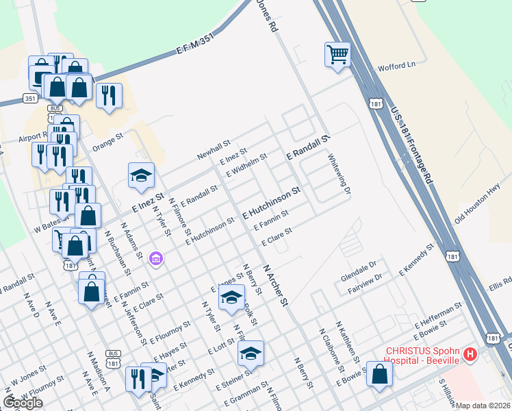 map of restaurants, bars, coffee shops, grocery stores, and more near 1010 East Huntington Street in Beeville