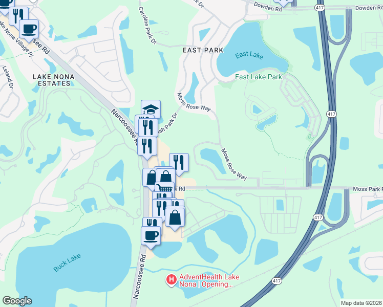map of restaurants, bars, coffee shops, grocery stores, and more near 10472 Eastpark Woods Drive in Orlando