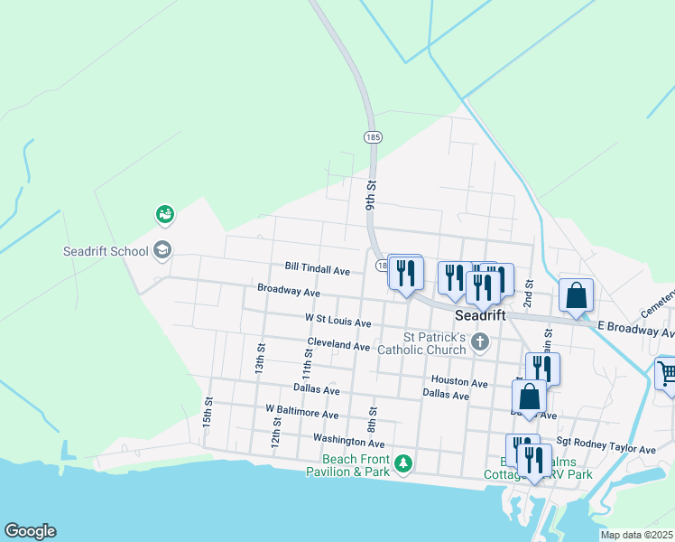 map of restaurants, bars, coffee shops, grocery stores, and more near 1002 Bill Tindall Drive in Seadrift