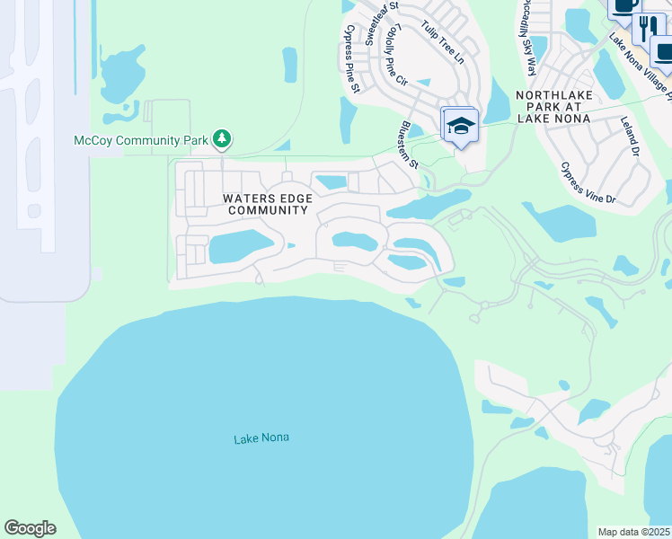 map of restaurants, bars, coffee shops, grocery stores, and more near 8554 Lake Nona Shore Drive in Orlando