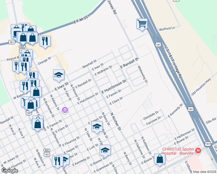map of restaurants, bars, coffee shops, grocery stores, and more near 1010 East Huntington Street in Beeville