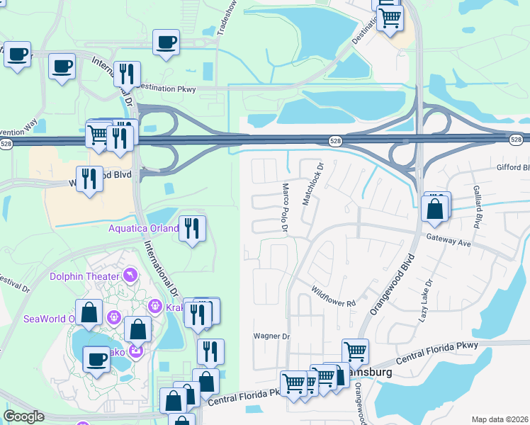 map of restaurants, bars, coffee shops, grocery stores, and more near 5520 Minaret Court in Orlando