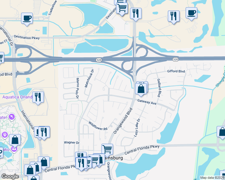 map of restaurants, bars, coffee shops, grocery stores, and more near 5226 Twine Street in Orlando