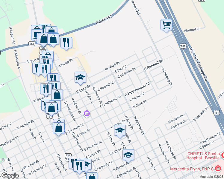 map of restaurants, bars, coffee shops, grocery stores, and more near 804 East Randall Street in Beeville