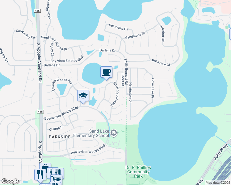 map of restaurants, bars, coffee shops, grocery stores, and more near 8216 Diamond Cove Circle in Orlando