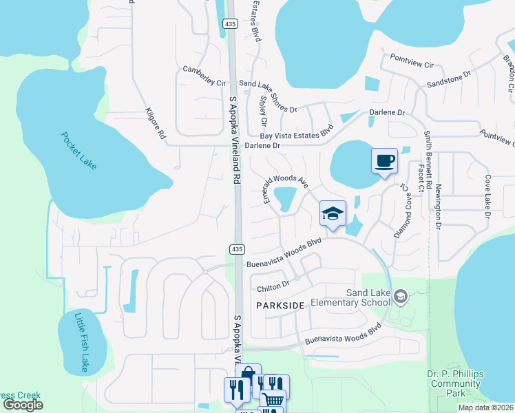 map of restaurants, bars, coffee shops, grocery stores, and more near Terrace Pines Court in Orlando
