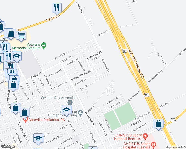 map of restaurants, bars, coffee shops, grocery stores, and more near 1205 North Fowler Street in Beeville