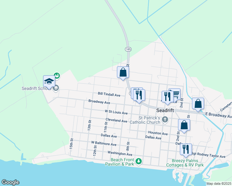 map of restaurants, bars, coffee shops, grocery stores, and more near 1002 Bill Tindall Drive in Seadrift