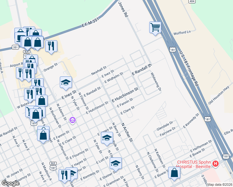 map of restaurants, bars, coffee shops, grocery stores, and more near 1010 East Huntington Street in Beeville