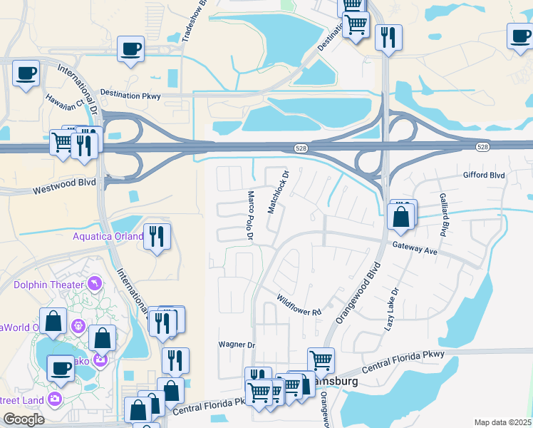 map of restaurants, bars, coffee shops, grocery stores, and more near 10320 Matchlock Drive in Orlando
