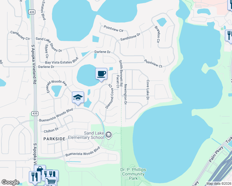 map of restaurants, bars, coffee shops, grocery stores, and more near 10206 Facet Court in Orlando