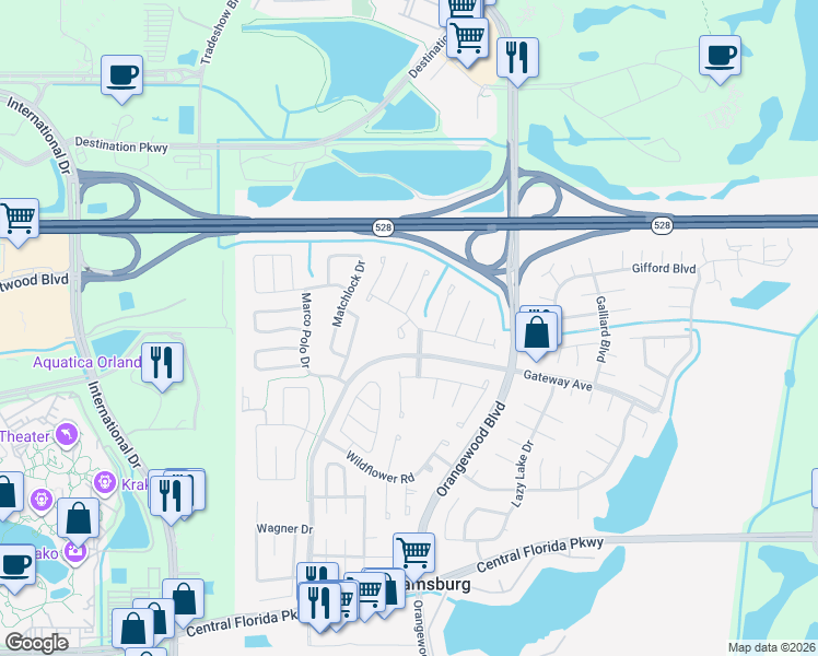 map of restaurants, bars, coffee shops, grocery stores, and more near 10215 Glacier Court in Orlando