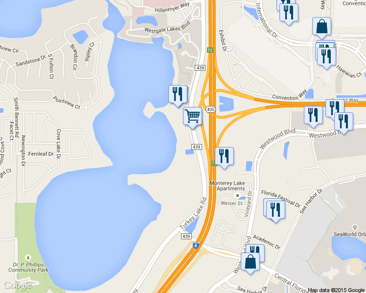 map of restaurants, bars, coffee shops, grocery stores, and more near 10270 Turkey Lake Road in Orlando