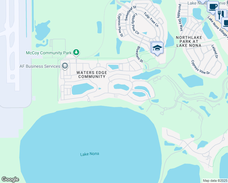 map of restaurants, bars, coffee shops, grocery stores, and more near 8554 Lake Nona Shore Drive in Orlando