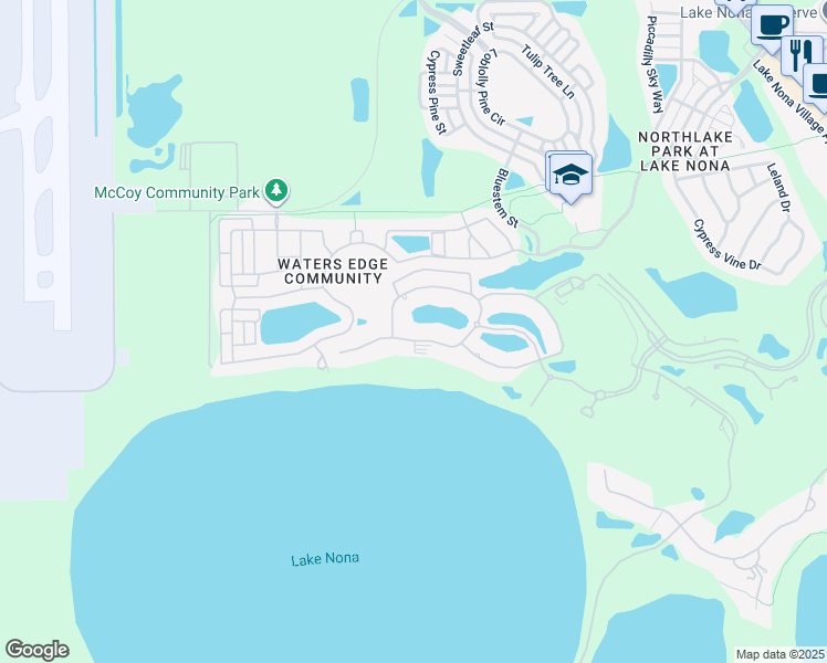 map of restaurants, bars, coffee shops, grocery stores, and more near 8554 Lake Nona Shore Drive in Orlando