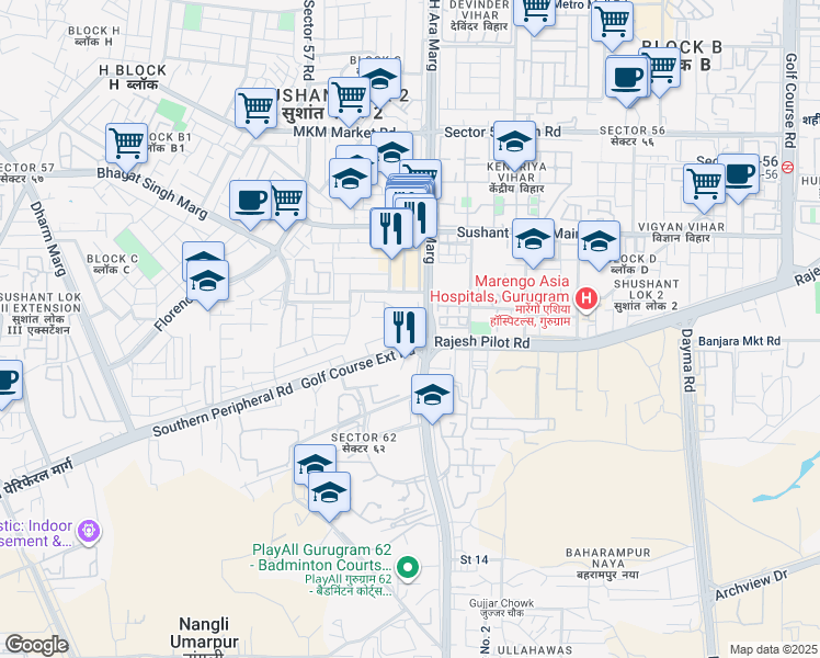 map of restaurants, bars, coffee shops, grocery stores, and more near Golf Course Extension Road in Gurugram