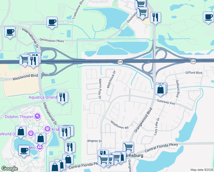 map of restaurants, bars, coffee shops, grocery stores, and more near 10320 Matchlock Drive in Orlando