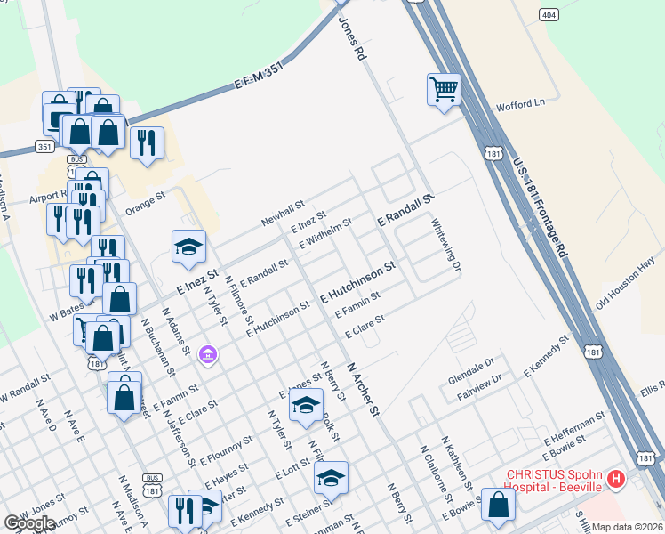 map of restaurants, bars, coffee shops, grocery stores, and more near 1010 East Huntington Street in Beeville