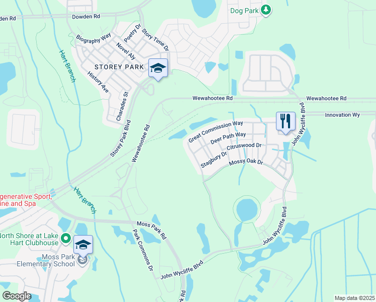 map of restaurants, bars, coffee shops, grocery stores, and more near 11427 Great Commission Way in Orlando