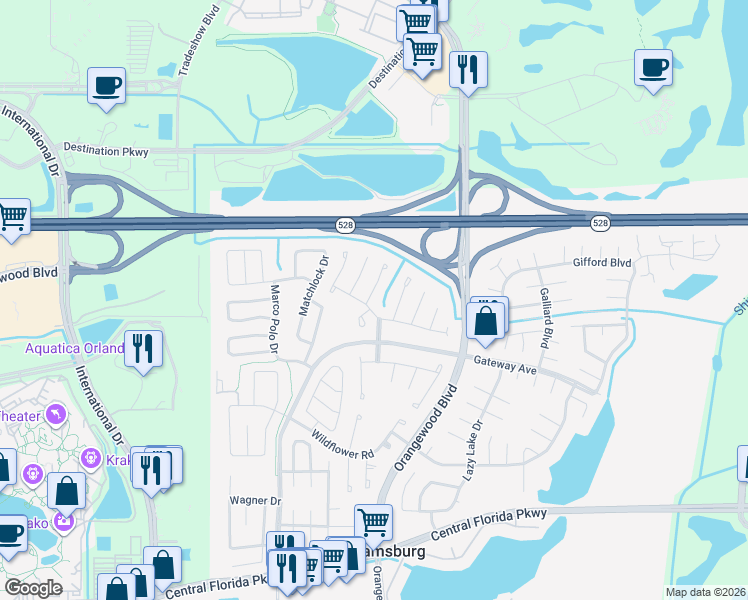 map of restaurants, bars, coffee shops, grocery stores, and more near 10215 Glacier Court in Orlando
