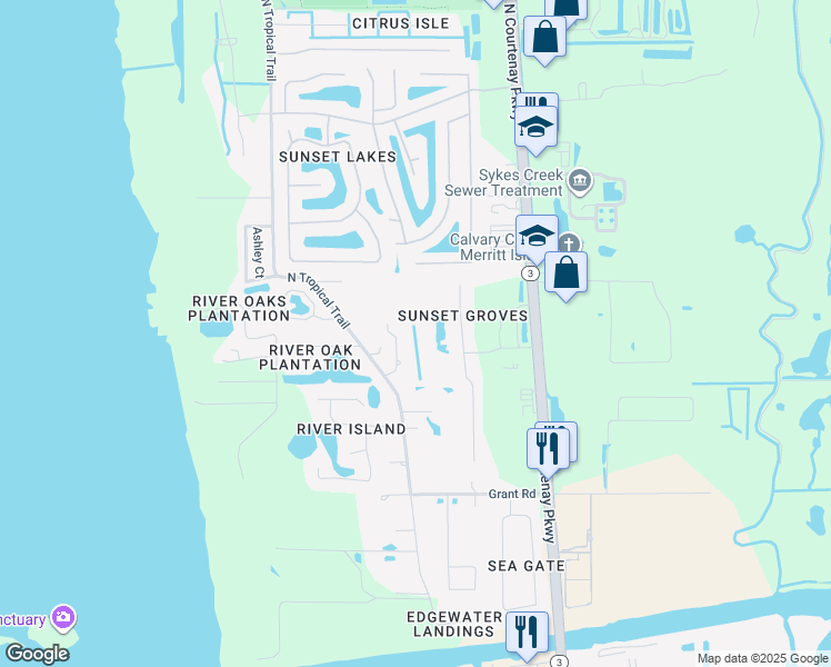 map of restaurants, bars, coffee shops, grocery stores, and more near 3330 Perkinson Lane in Merritt Island